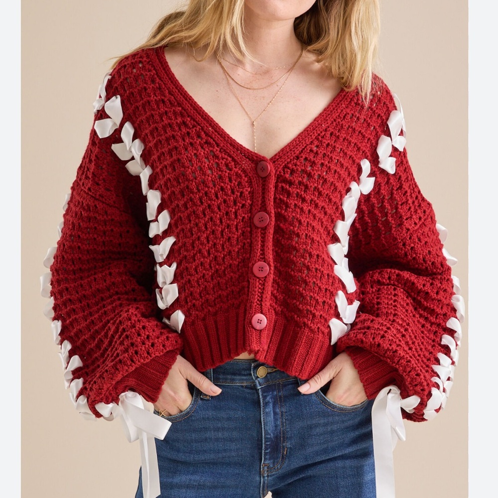 Altar’d State Red Threaded Ribbon Cardigan Button up Sweater NWT